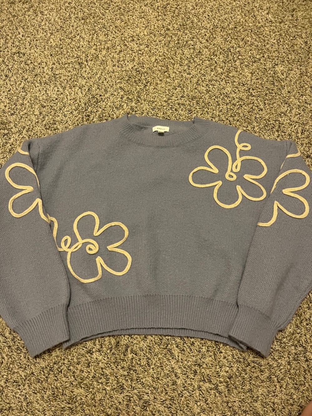 debut Blue Crewneck Sweater with Cream Floral Trim